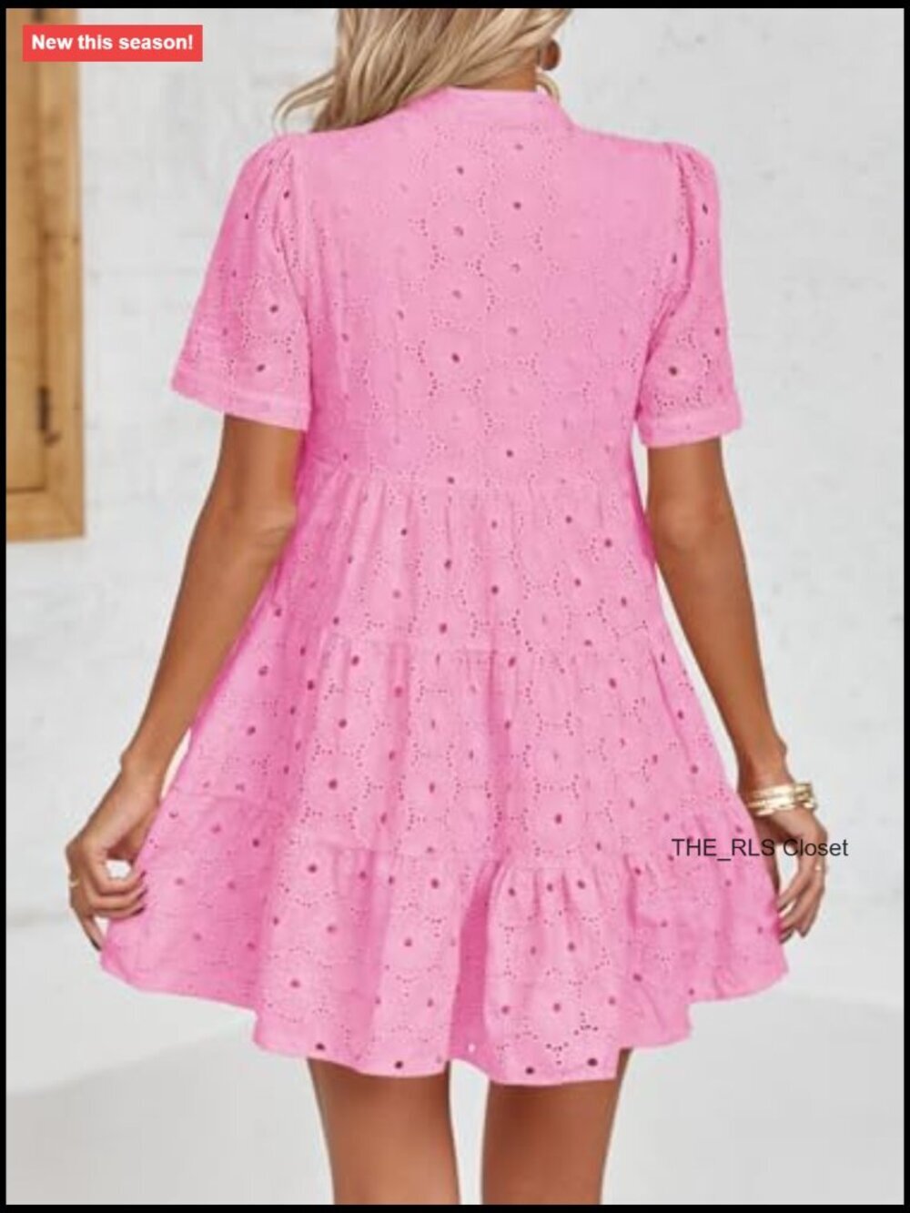 Women's Eyelet Lace Babydoll Swing Dress V-Neck Short Sleeve - Picture 4 of 7